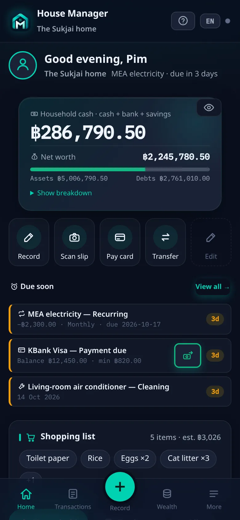 My House Manager Home screen: greeting, household cash ฿286,790, shortcuts and what is due soon